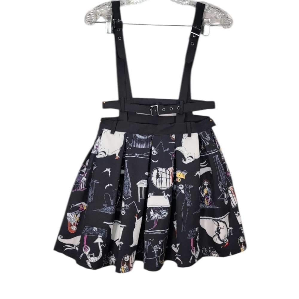 Black Graphic Suspender Circle Skirt with Belt